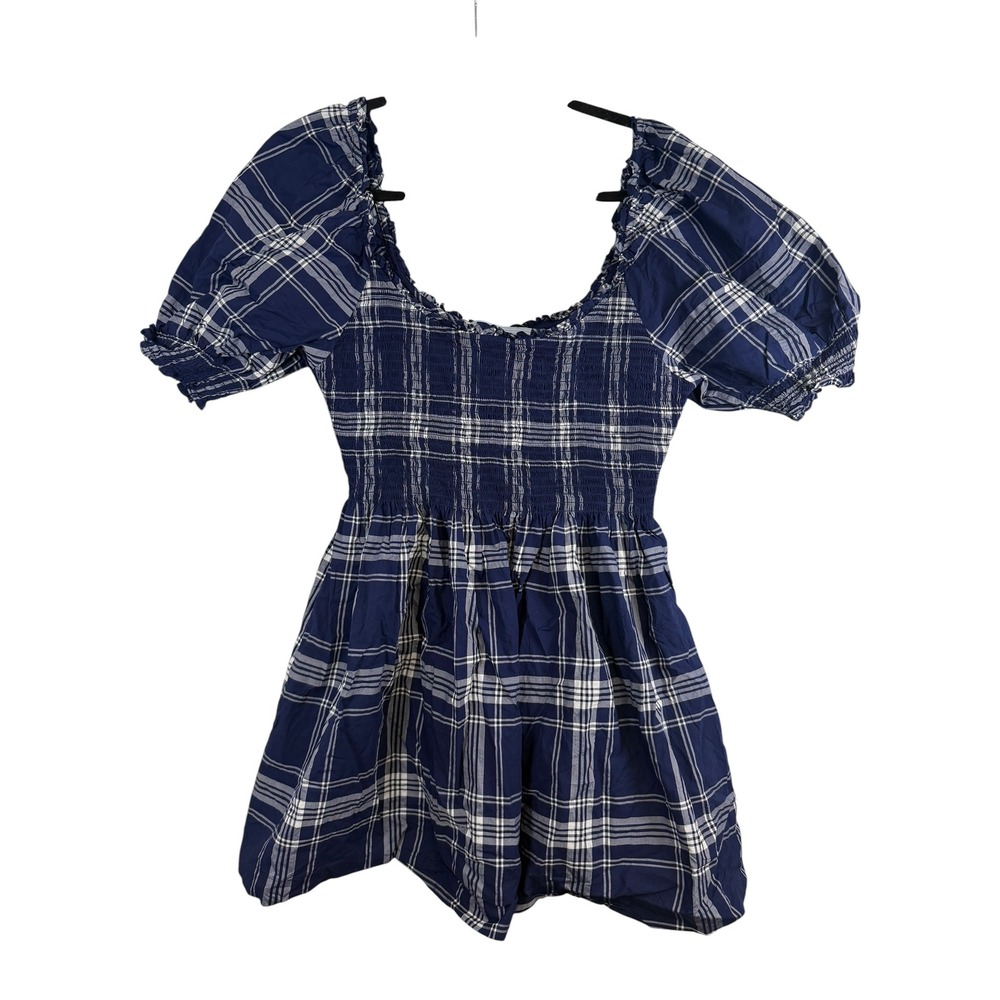 Hill House Home The Nap Dress XL Navy White Plaid Smocked Puff Sleeve Mini
